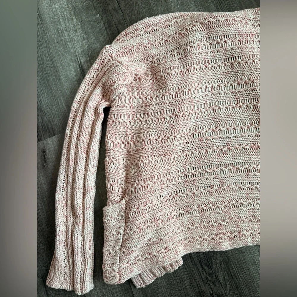 Free People Open Front Knit Cardigan Sweater Size M Pink Cream Boho Casual - Picture 8 of 9